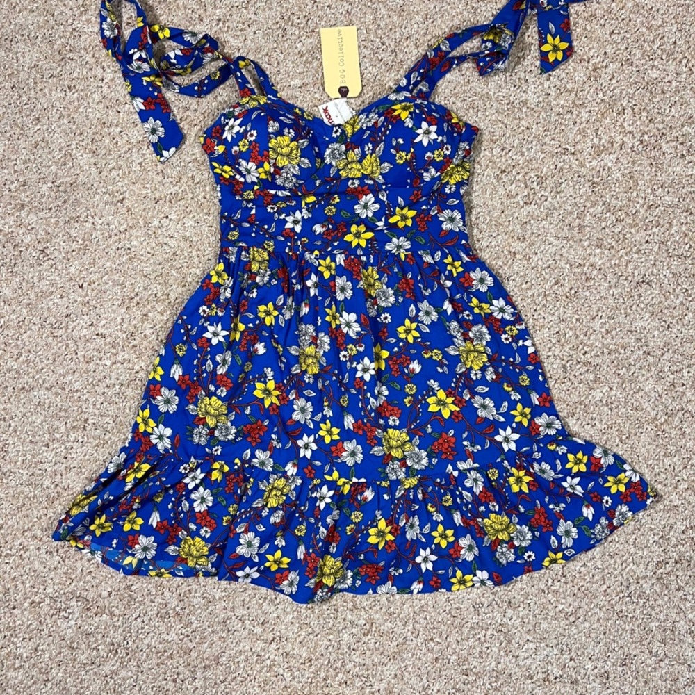 NWT B.O.G. Collective Blue Floral Bustier Mini Dress Tie Strap Smocked Back S